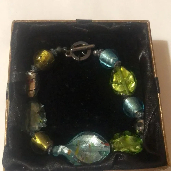 Glass Beaded Bracelet Gold Green Blue Silver Toggle Clasp Jewelry Box - Picture 2 of 5
